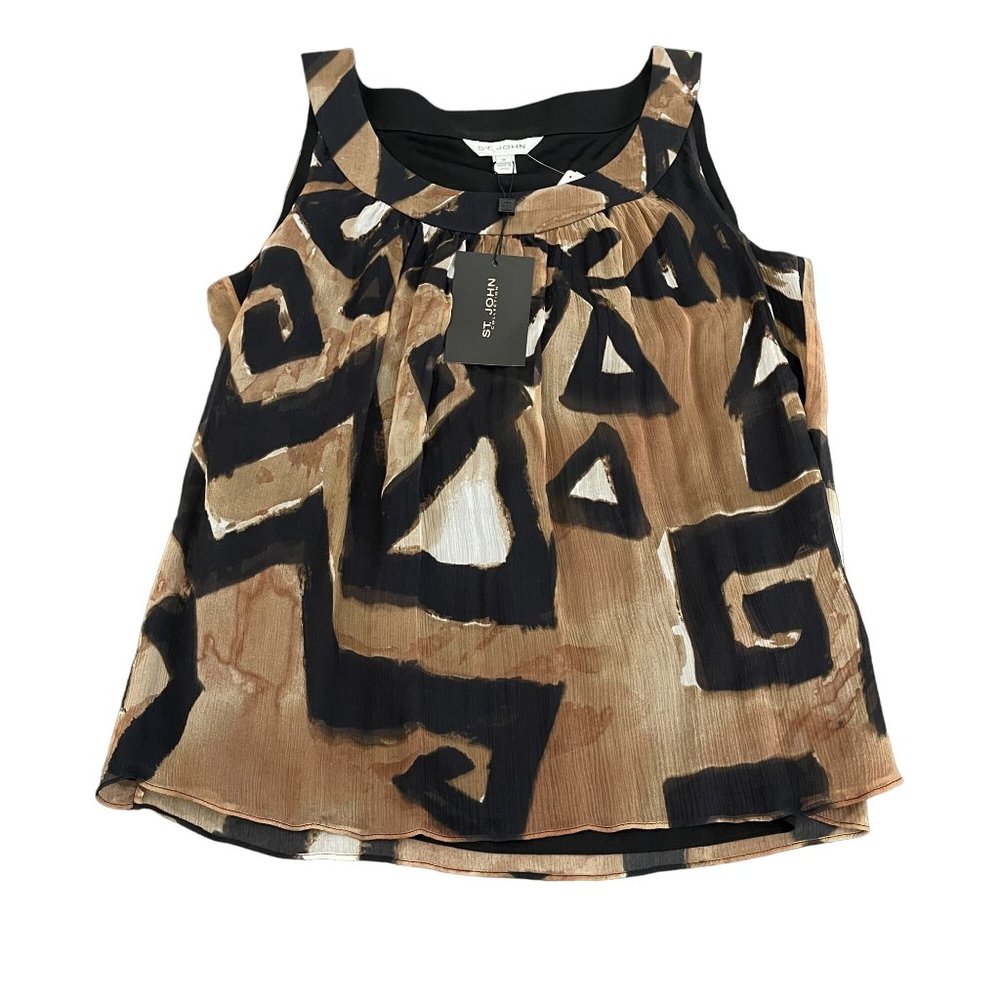 St. John Black/Brown Print 100% Silk Sleeveless Blouse Top, Size M NWT